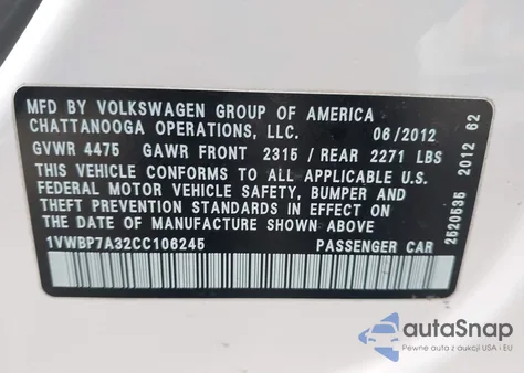 2012 Volkswagen Passat 2.5L Se из США, поврежденный, VIN 1VWBP7A32CC106245